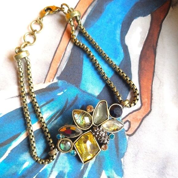 Blue Flower Crystal Rhinestone Vintage Gold Statement Bracelet - Picture 6 of 8